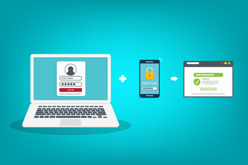 Two factor authentication password secure notice login verification or sms with push code message icon in smartphone phone and laptop computer. Vector illustration - obrazy, fototapety, plakaty