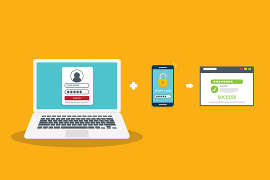 Two factor authentication password secure notice login verification or sms with push code message icon in smartphone phone and laptop computer. Vector illustration