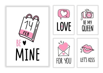 Cute Greeting Cards Stickers for Valentine's Day Greeting Cards cards isolated on white background. For souvenirs, textiles, office supplies. Vector illustration.