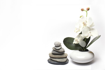 orchid next stacked stones white background
