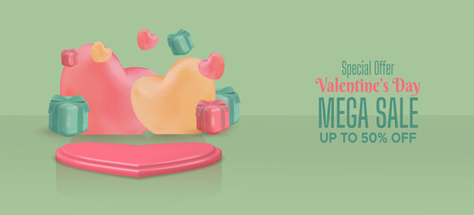 Valentine's day mega sale discount banner with podium and 3d heart shaped on green background.