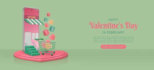 Valentines day online shopping with realistic smartphone and valentines element on green background