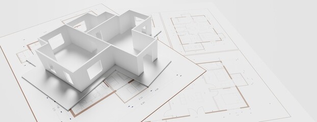 Fototapeta Architecture design, residential building model on blueprint plan, 3d illustration obraz