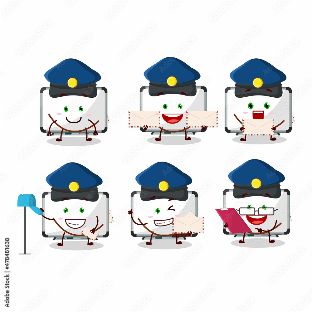 Sticker A picture of cheerful white board postman cartoon design concept