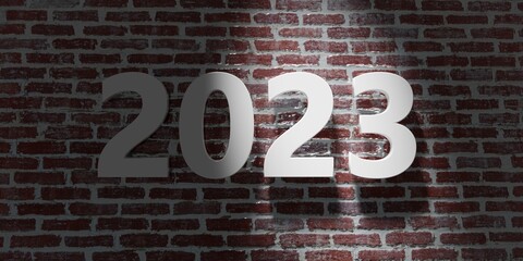 Obraz premium 2023 New Year. White digit on red brick wall background. Number on building facade. 3d illustration
