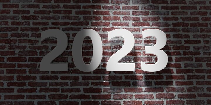 2023 New Year. White digit on red brick wall background. Number on building facade. 3d illustration