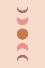 Abstract Mid Century Modern Background with Moon Phases, Terracotta Minimal Wall Art or Poster. Vector Illustration