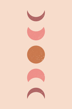 Abstract Mid Century Modern Background with Moon Phases, Terracotta Minimal Wall Art or Poster. Vector Illustration