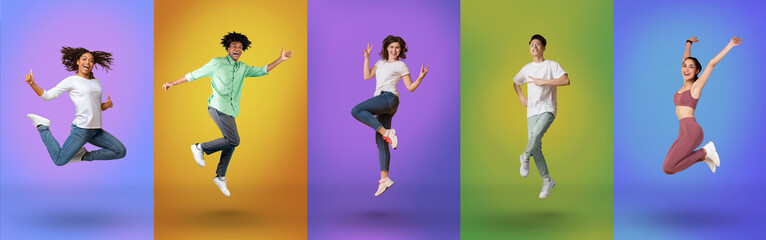 Happy multiracial young people jumping on different color neon backgrounds, panorama