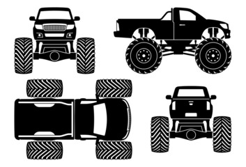 Monster truck silhouette on white background. Bigfoot car monochrome icons set view from side, front, back, and top © Yuri Schmidt