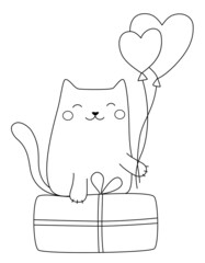 Cute cat with a gift, balloons, hearts. Funny kitten congratulates with love. Hand drawn vector illustration in cartoon doodle style for Valentine's Day, Birthday, Christmas. Isolated on a white.