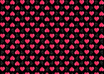 Red, pink, white hearts and stars on black background. Abstract multicolor digital paint background hearts pattern wallpaper textile design. A new color. 2022 trend colors