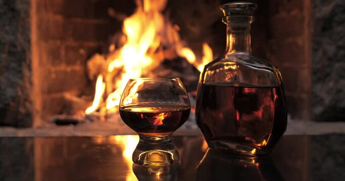 Bottle and glass with whiskey or cognac on the background of fire in the fireplace