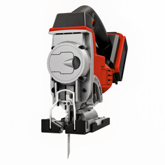 Naklejka premium The tool is a red electric jigsaw on a white isolated background. 3d rendering.