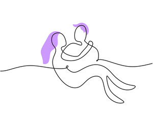 One continuous single line of boy holding his girlfriend for valentine day isolated on white background.