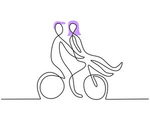 One continuous single line of boy rides his girl on bicycle for valentine day isolated on white background.