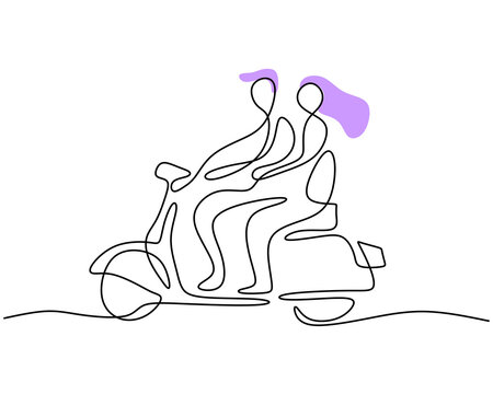 One Continuous Single Line Of Couple Lovers Riding On A Vespa For Valentine Day Isolated On White Background.