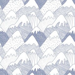Nahtloses Muster mit schneebedeckten Bergen im skandinavischen Stil. Gemalte Berge, Märchenzeichnung, Fototapete für Kinderzimmer, Schöne Berge, Märchenwald, Zauberei. Tapeten für Kinder