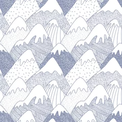 Keuken foto achterwand Bergen Naadloos patroon met besneeuwde bergen in Scandinavische stijl. Beschilderde bergen, sprookjesachtige tekening, fotobehang voor de kinderkamer, prachtige bergen, sprookjesbos, magie. Achtergronden voor kinderen