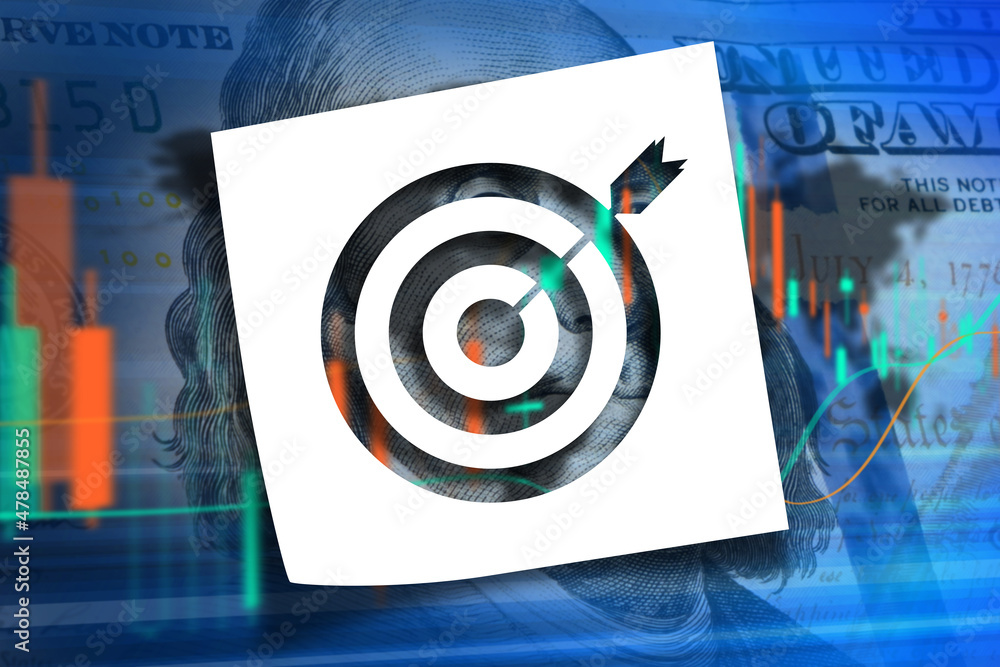 Poster target sign with white note paper on financial data analysis graph background