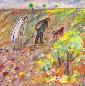 Man and Angel are walking along the road. Old person in hat with his brown dog on leash is walking along. An Angel is moving behind them. Yellow golden  foliage trees and rain on the cloudy horizon.