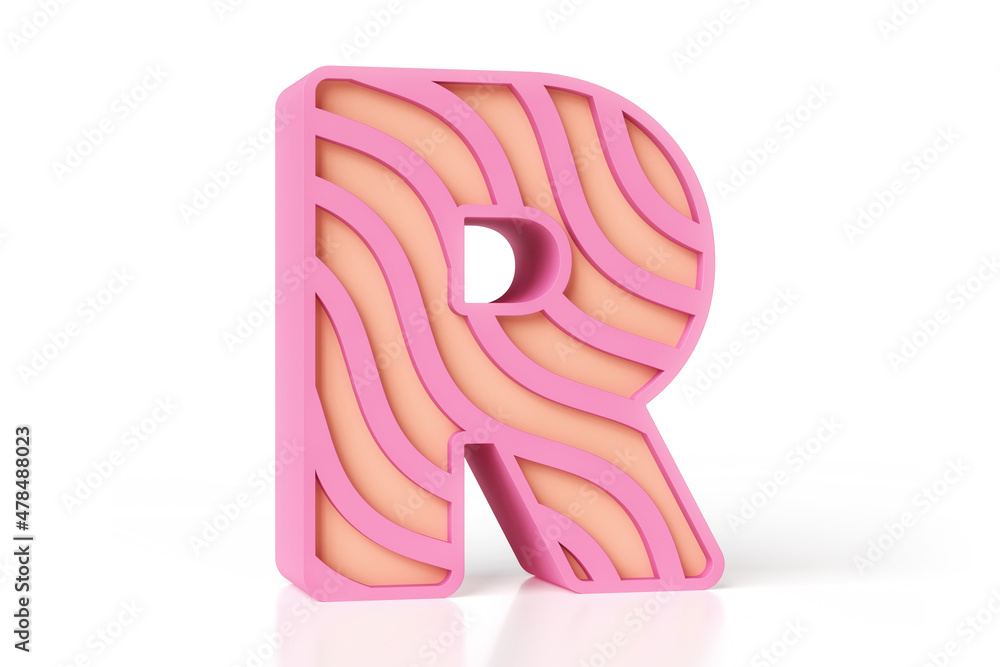 Poster children font letter r design pink and peachy colors scheme. 3d typography made of wavy shapes. high