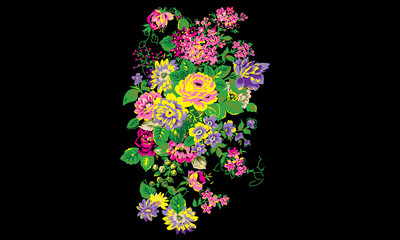 Embroidered luxurious bouquet with pink roses Vintage style handmade vector on black background