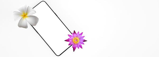 Isolated smartphone on white background with plumeria and waterlily flowers