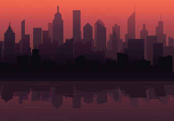 Silhouette of a big city with a beautiful sunset.