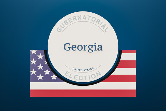 US State Georgia Gubernatorial Election Banner Half Framed With The Flag Of The United States On A Block. Background, Blue, Election Concept And 3d Illustration.