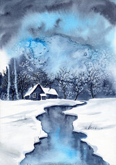 Watercolor illustration of a wooden house in a forest by a river covered with snow with bare trees and dark blue sky