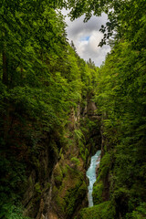 Fototapeta na wymiar Water flowing through a narrow canyon with beautiful green trees along each side with clouds in the background