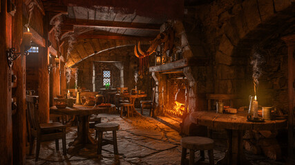 Dark moody medieval tavern inn interior with food and drink on tables, burning open fireplace, candles and daylight through a window. 3D illustration. - obrazy, fototapety, plakaty