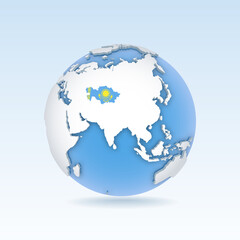 Kazakhstan - country map and flag located on globe, world map.