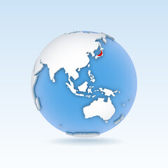 Japan - country map and flag located on globe, world map.