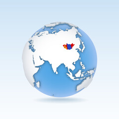 Mongolia - country map and flag located on globe, world map.