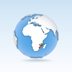 Naklejka premium Mozambique - country map and flag located on globe, world map.