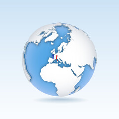 France - country map and flag located on globe, world map.