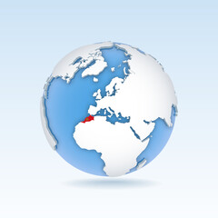 Morocco - country map and flag located on globe, world map.