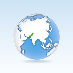 Pakistan - country map and flag located on globe, world map.