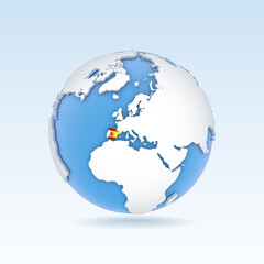 Spain - country map and flag located on globe, world map.