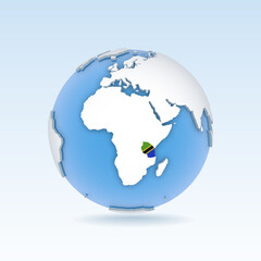 Tanzania - country map and flag located on globe, world map.