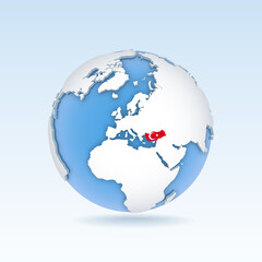 Turkey - country map and flag located on globe, world map.