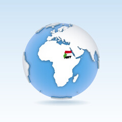 Sudan - country map and flag located on globe, world map.