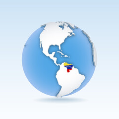 Venezuela - country map and flag located on globe, world map.