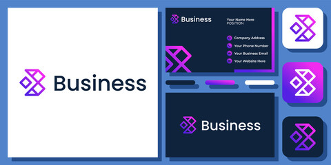 Initial Letter B Monogram Line Geometric Gradient Simple Logo Design with Business Card Template