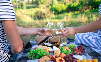 couple in love drinks wine at a picnic. Selective focus