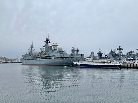 Vladivostok, Russia, March, 01, 2021. The ship of the measuring complex "Marshal Krylov" The boat of the Commander of the Pacific Fleet KSV-356 "Hurricane" in the port of Vladivostok
