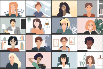 Screen of woman videoconference application. Vector illustration of online meeting of studying, chatting or working distantly from home. Computer webcam screen. Video call, modern tech usage concept.