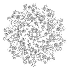 Round pattern of floral elements for coloring. Monochrome mandala of abstract flowers and leaves for relaxation, cover.
